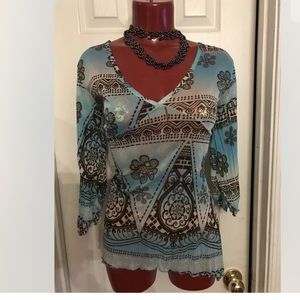 RB Womens S/S Semi Sheer Top/Blouse V-neck Sz S